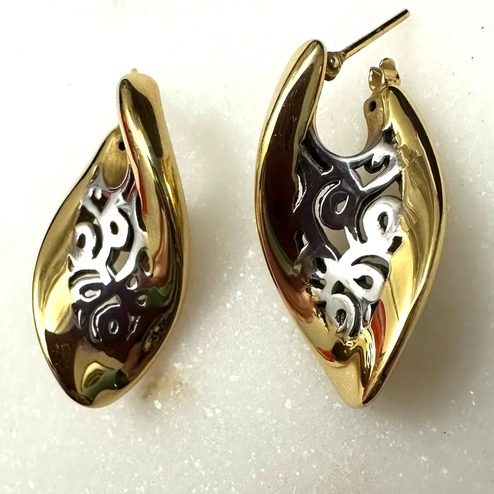 14k Golden Clef Arezzo Yellow & White Gold Polished Cutout Post Earrings 4.5g